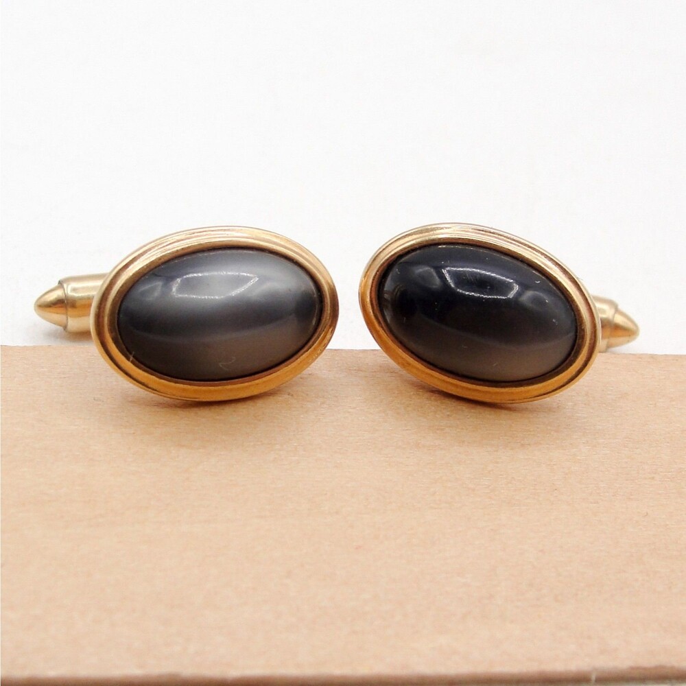Vintage Krementz Gold Overlay Hematite Cufflinks Oval Cabochon Grey Stone MCM